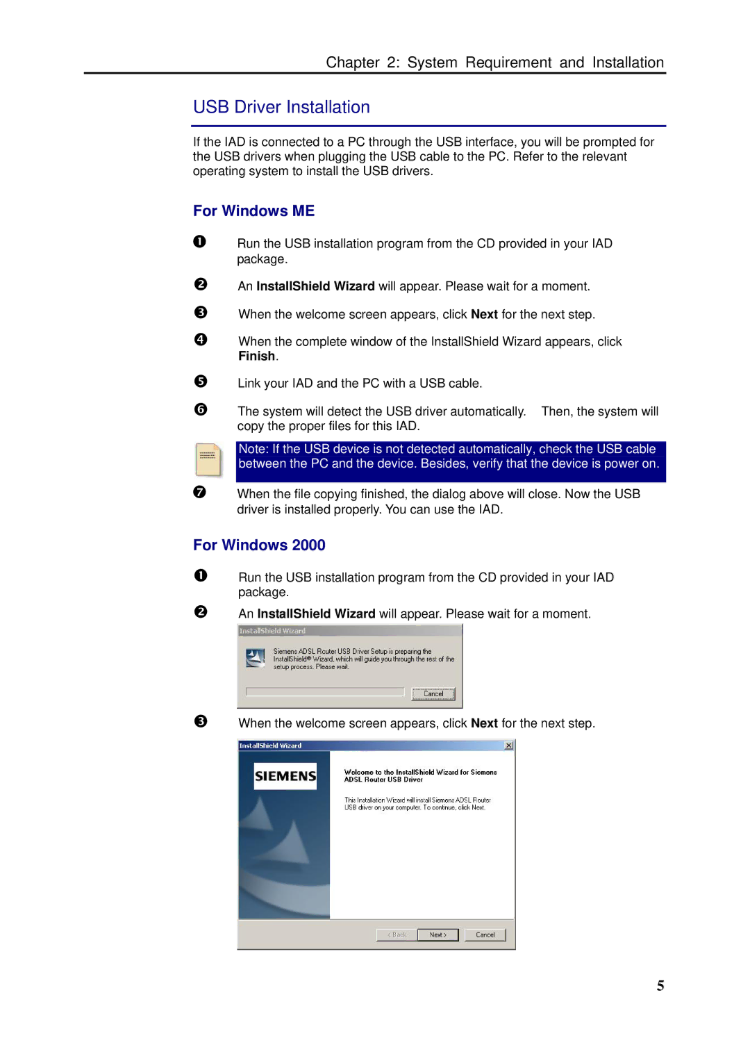 Siemens SLI-5310-I IAD manual USB Driver Installation, For Windows ME 