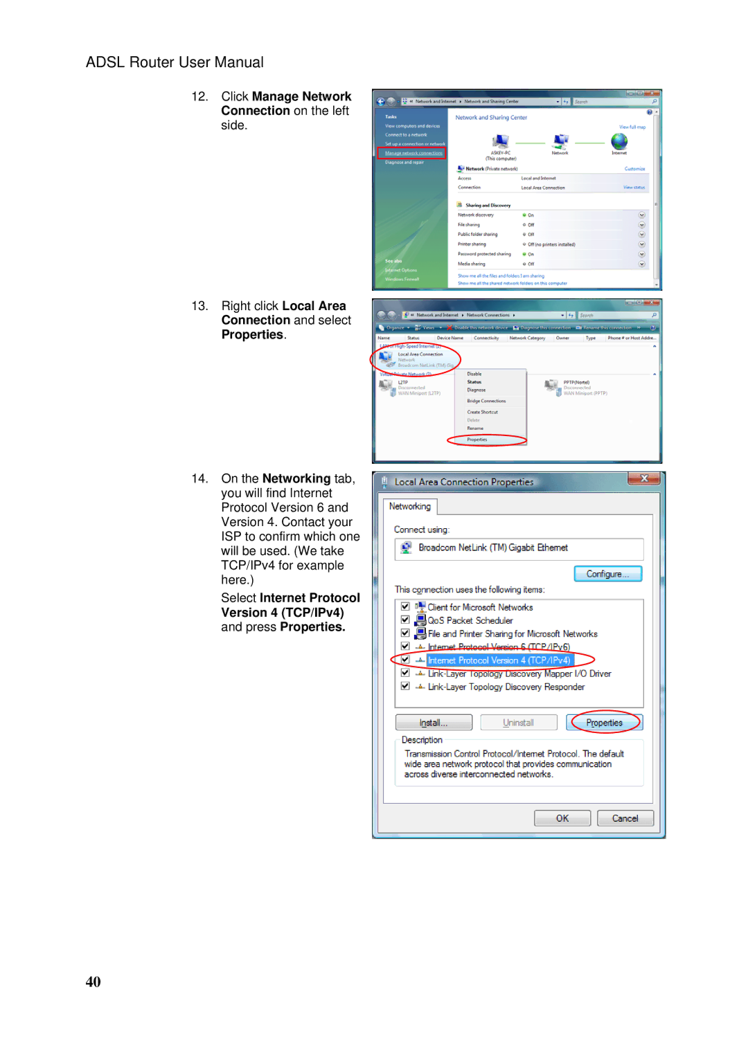 Siemens SLI-5310-I IAD manual Click Manage Network Connection on the left side 