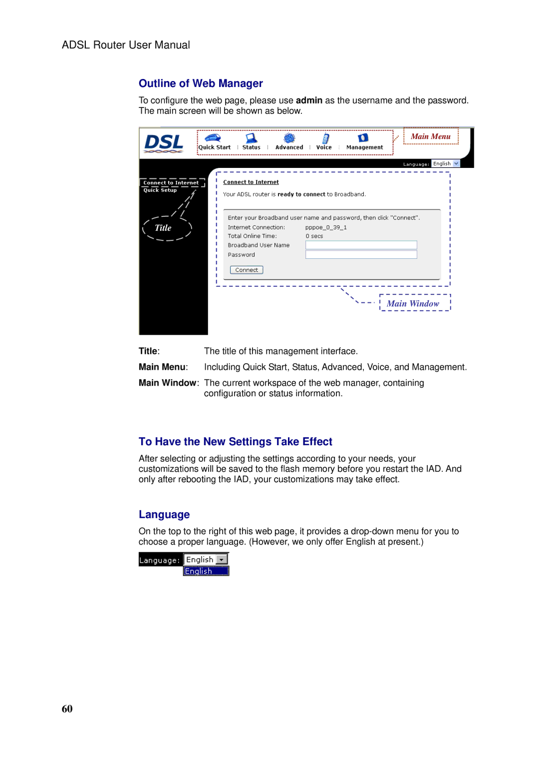 Siemens SLI-5310-I IAD manual Outline of Web Manager, To Have the New Settings Take Effect, Language 