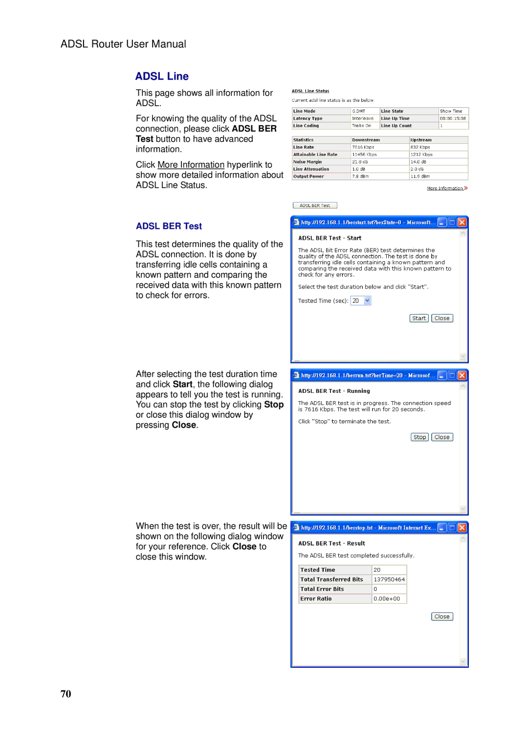 Siemens SLI-5310-I IAD manual Adsl Line, Adsl BER Test 