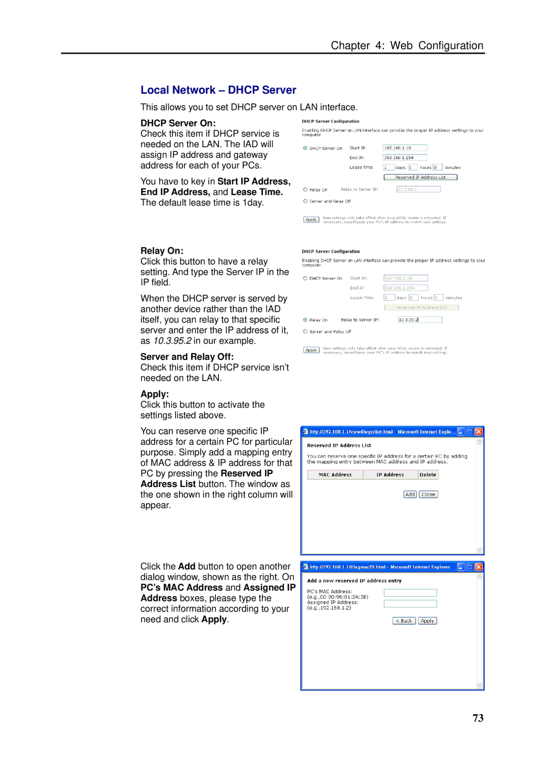 Siemens SLI-5310-I IAD manual Local Network Dhcp Server, Relay On, Server and Relay Off 