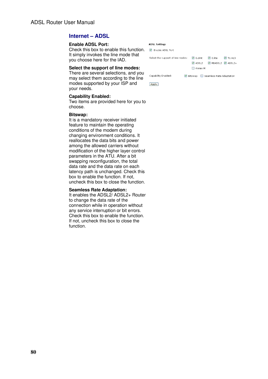 Siemens SLI-5310-I IAD manual Internet Adsl, Enable Adsl Port, Bitswap, Seamless Rate Adaptation 