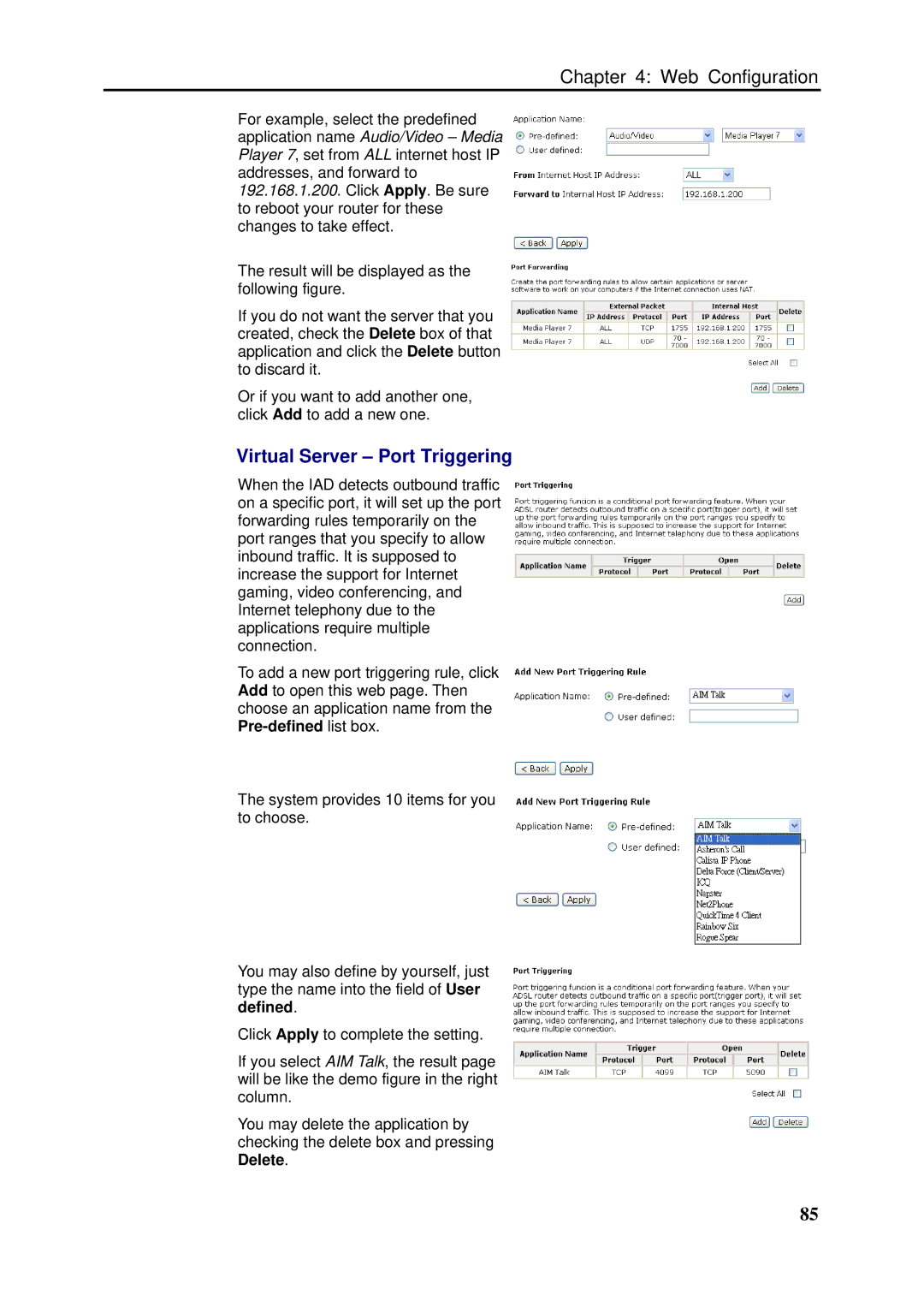 Siemens SLI-5310-I IAD manual Virtual Server Port Triggering 