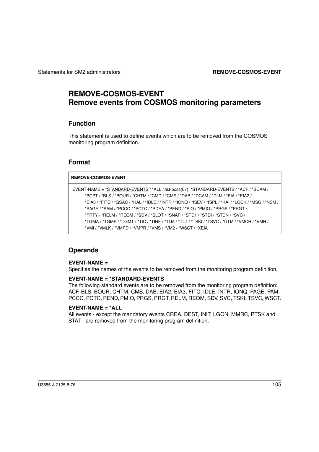 Siemens U3585-J-Z125-8-76 1 manual Remove-Cosmos-Event, Remove events from Cosmos monitoring parameters, Event-Name = *All 