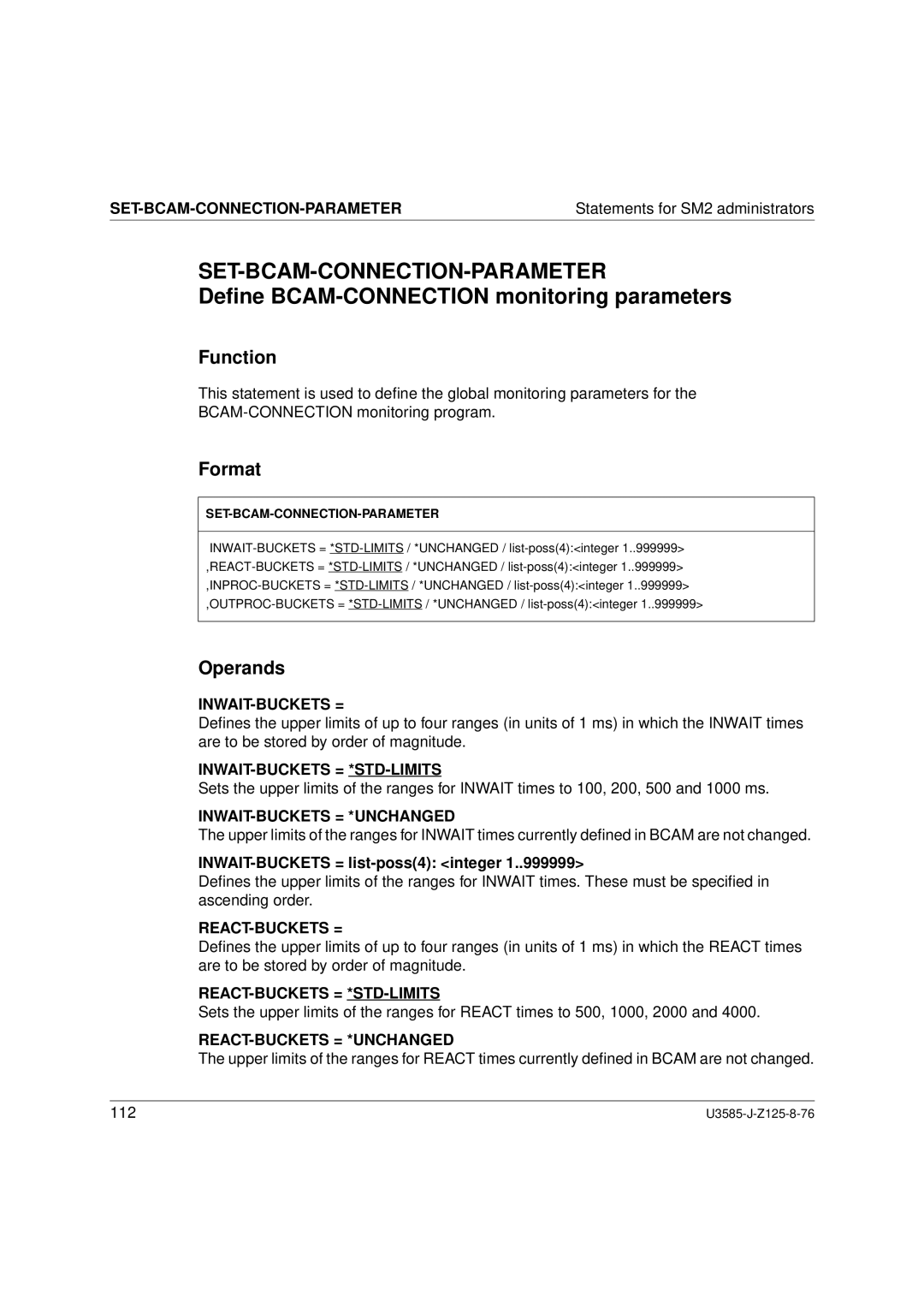 Siemens SM2 monitoring system manual Set-Bcam-Connection-Parameter, Deﬁne BCAM-CONNECTION monitoring parameters 