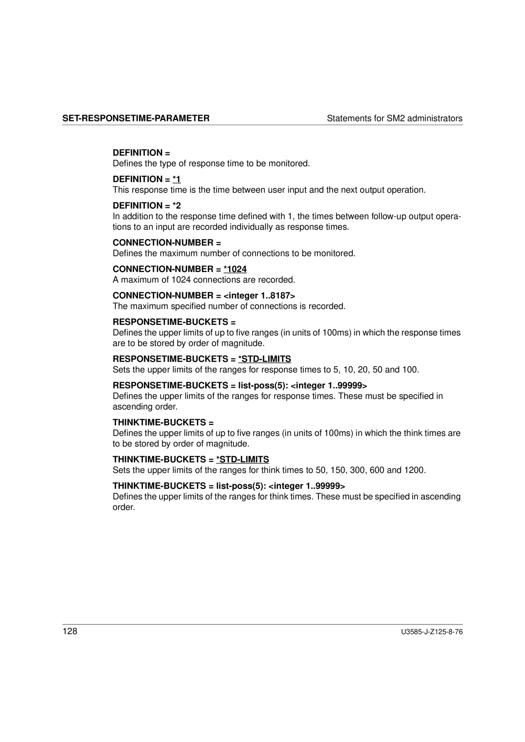 Siemens SM2 monitoring system, U3585-J-Z125-8-76 1 manual CONNECTION-NUMBER = *1024, Responsetime-Buckets = *Std-Limits 