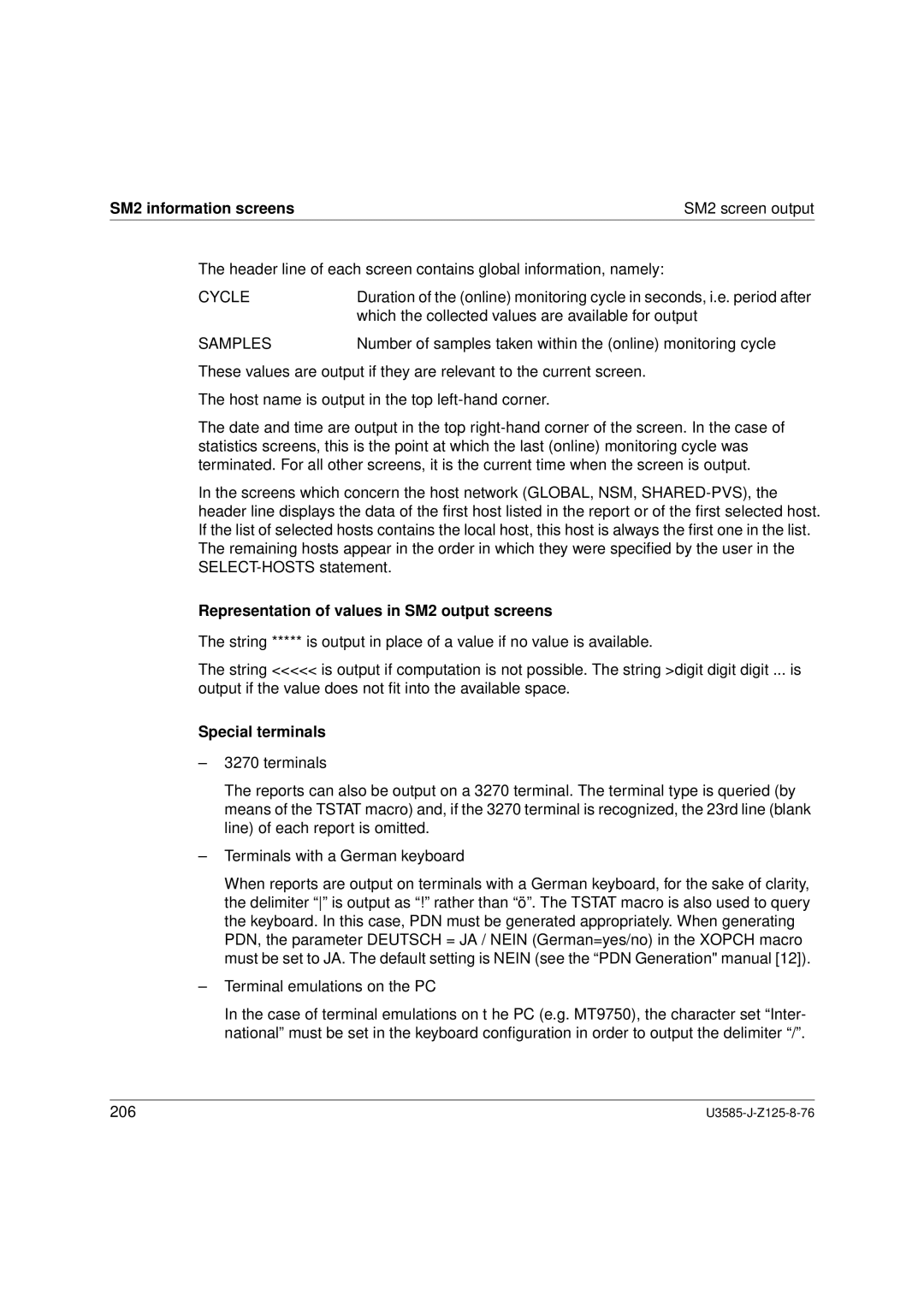 Siemens SM2 monitoring system manual SM2 information screens SM2 screen output, Cycle, Samples, Special terminals 