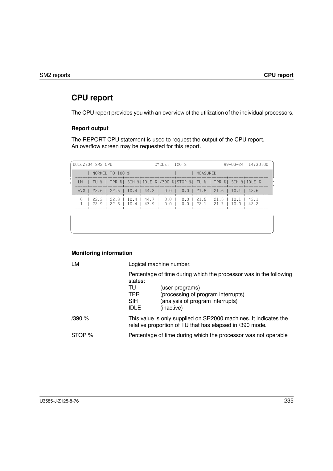 Siemens U3585-J-Z125-8-76 1, SM2 monitoring system manual CPU report, Stop % 