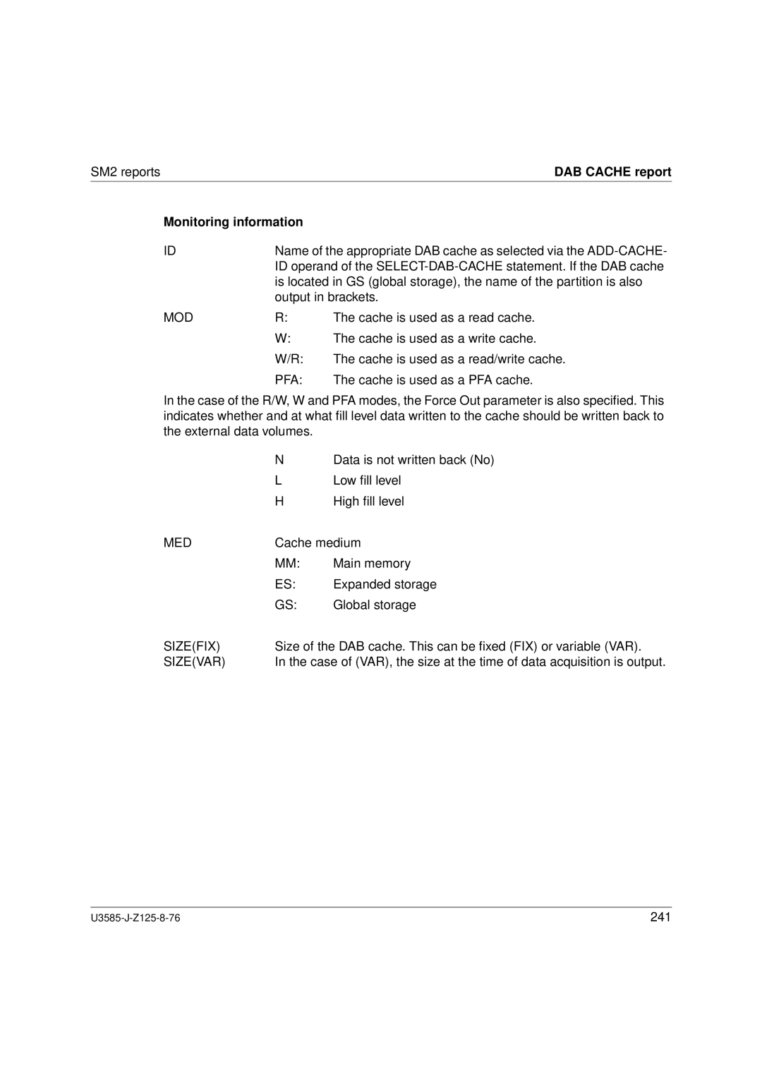 Siemens U3585-J-Z125-8-76 1, SM2 monitoring system manual DAB Cache report, Mod, Med, Sizefix, Sizevar 