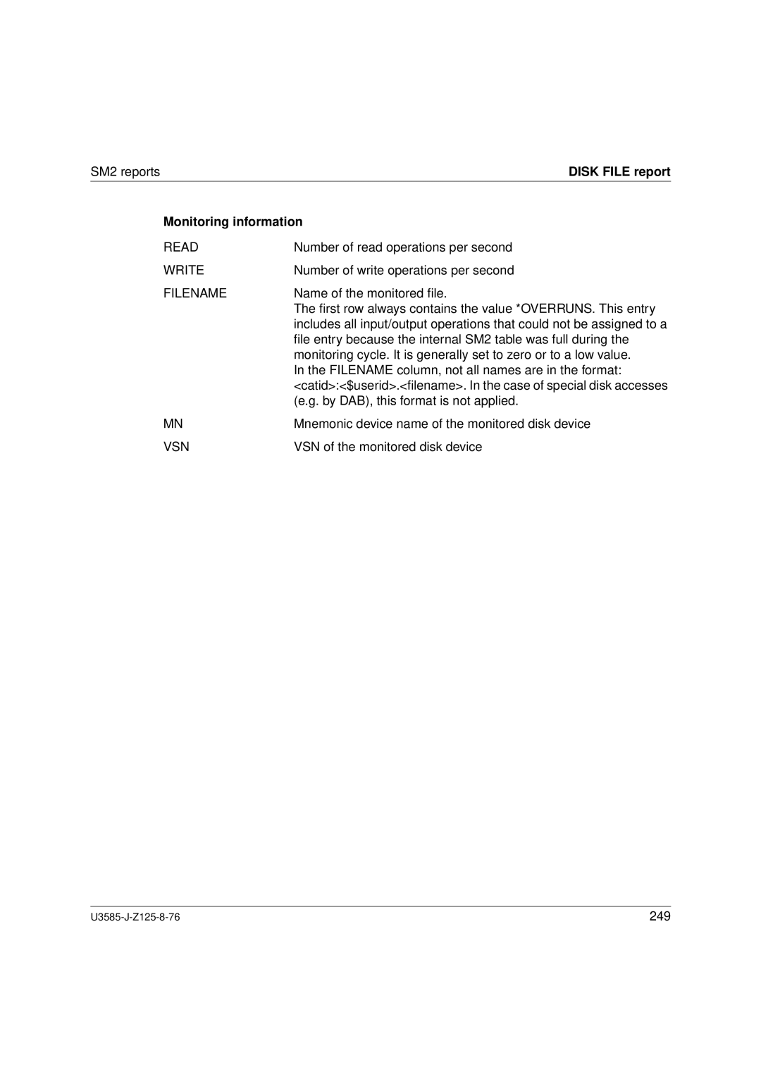 Siemens U3585-J-Z125-8-76 1, SM2 monitoring system manual Disk File report, Write, Filename, Vsn 