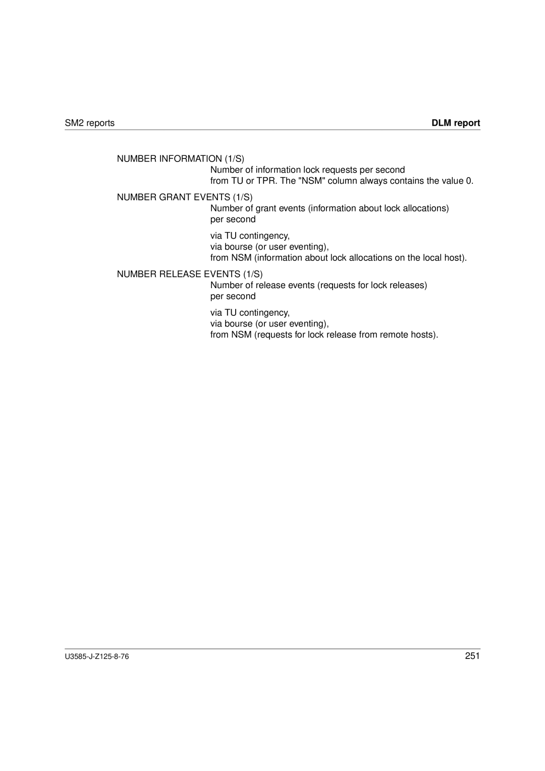 Siemens U3585-J-Z125-8-76 1 manual DLM report, Number Information 1/S, Number Grant Events 1/S, Number Release Events 1/S 