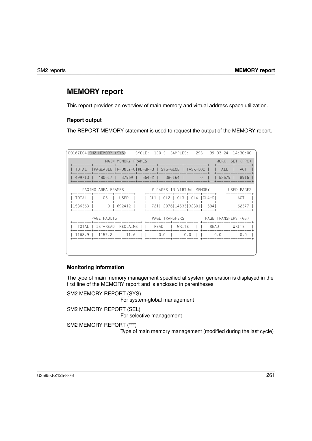 Siemens U3585-J-Z125-8-76 1, SM2 monitoring system manual Memory report, SM2 Memory Report SYS, SM2 Memory Report SEL 