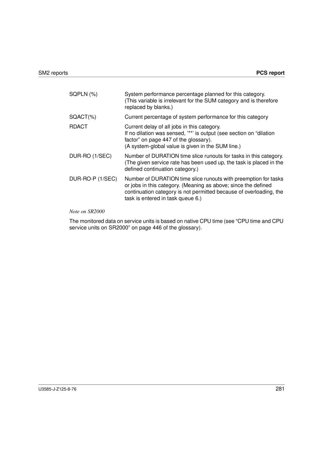 Siemens U3585-J-Z125-8-76 1, SM2 monitoring system manual PCS report, Sqpln %, Sqact%, DUR-RO 1/SEC, DUR-RO-P 1/SEC 