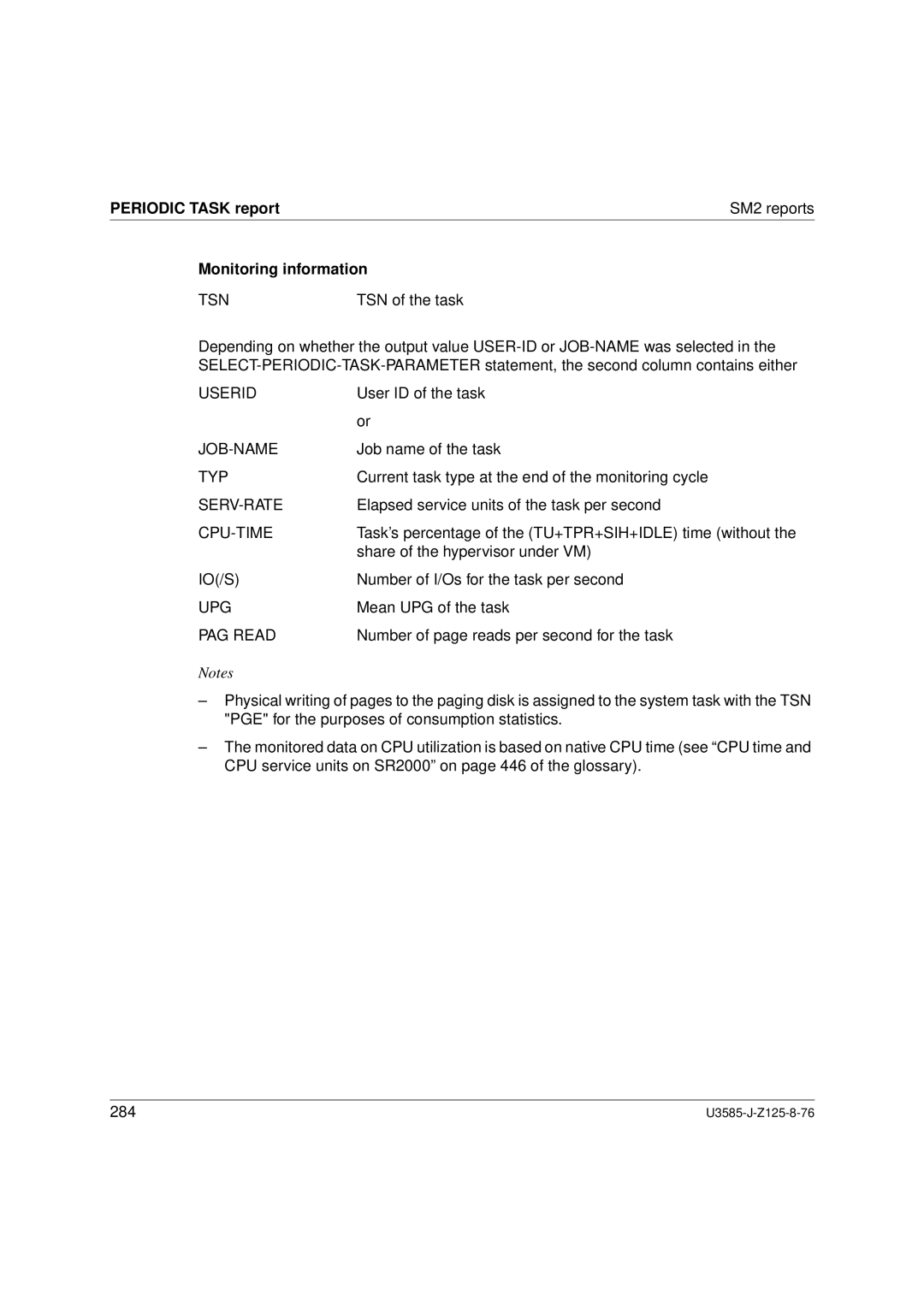 Siemens SM2 monitoring system, U3585-J-Z125-8-76 1 manual Tsn, Userid, Job-Name, Typ, Serv-Rate, Cpu-Time, PAG Read 