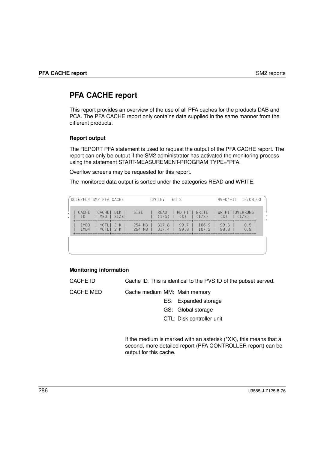 Siemens SM2 monitoring system, U3585-J-Z125-8-76 1 manual PFA Cache report SM2 reports, Cache ID, Cache MED 