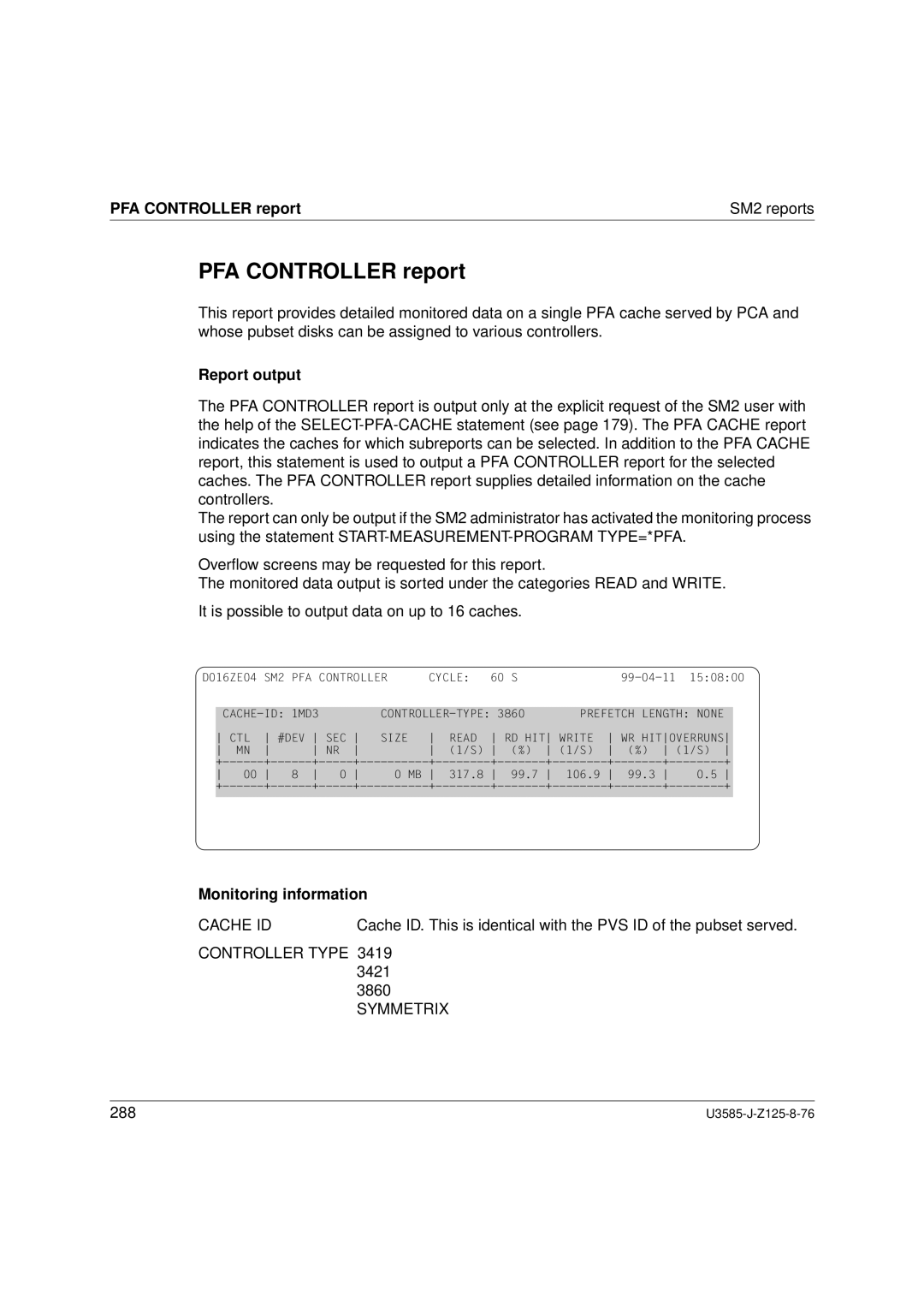 Siemens SM2 monitoring system manual PFA Controller report SM2 reports, Controller Type 3419 3421 3860 Symmetrix 