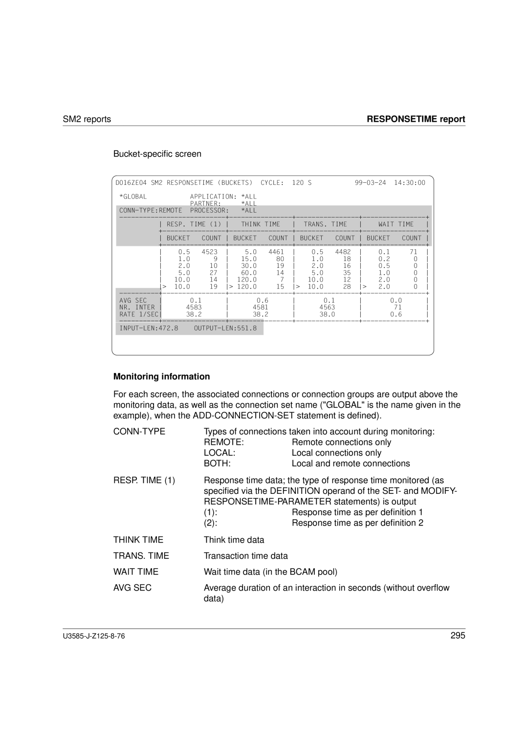 Siemens U3585-J-Z125-8-76 1, SM2 monitoring system manual Conn-Type, RESP. Time, Think Time, TRANS. Time, Wait Time, Avg Sec 