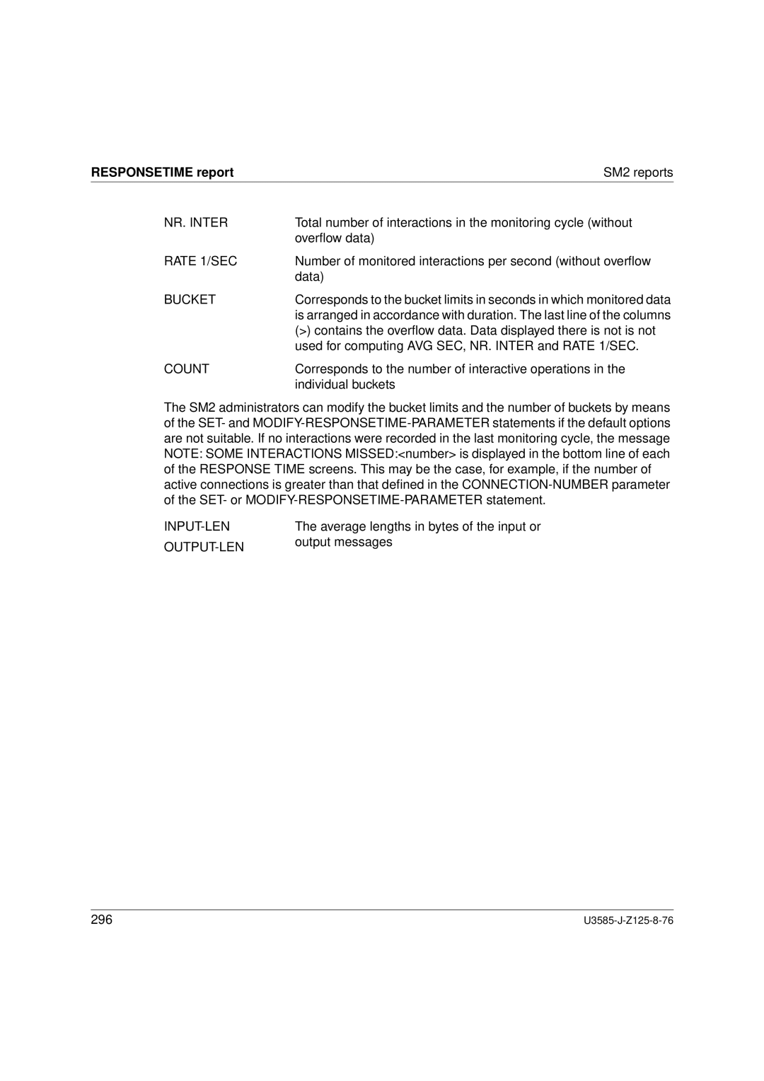 Siemens SM2 monitoring system, U3585-J-Z125-8-76 1 manual NR. Inter, Rate 1/SEC, Input-Len, Output-Len 
