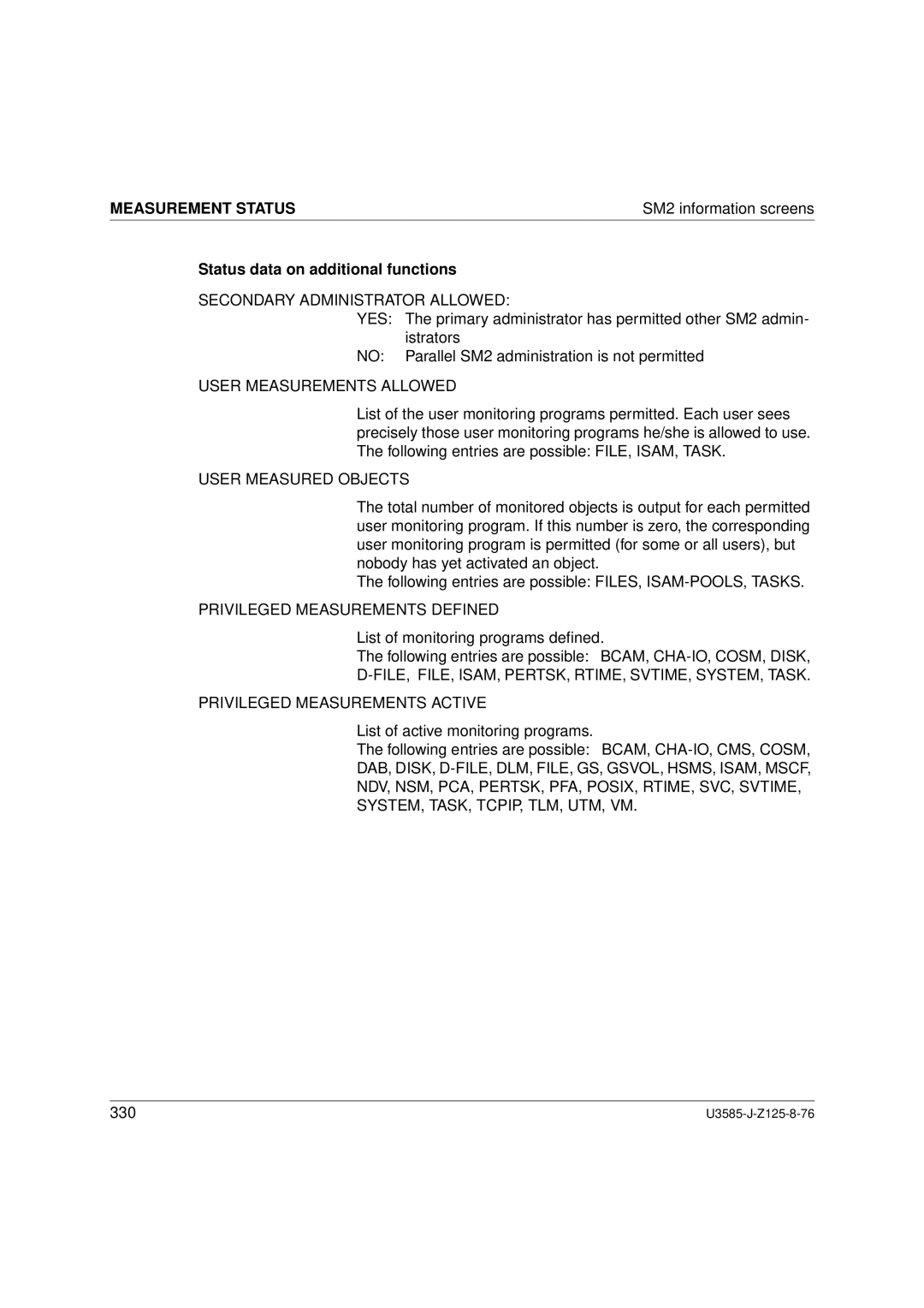 Siemens SM2 monitoring system, U3585-J-Z125-8-76 1 Status data on additional functions, Secondary Administrator Allowed 