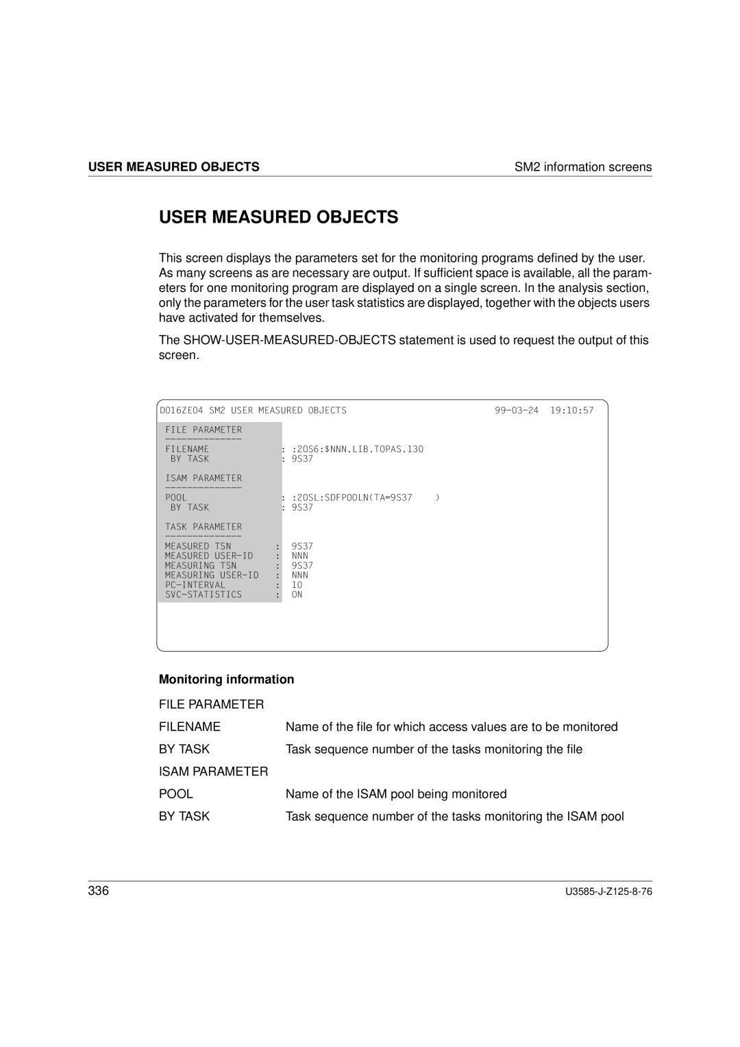 Siemens SM2 monitoring system, U3585-J-Z125-8-76 1 manual User Measured Objects, By Task, Isam Parameter Pool 