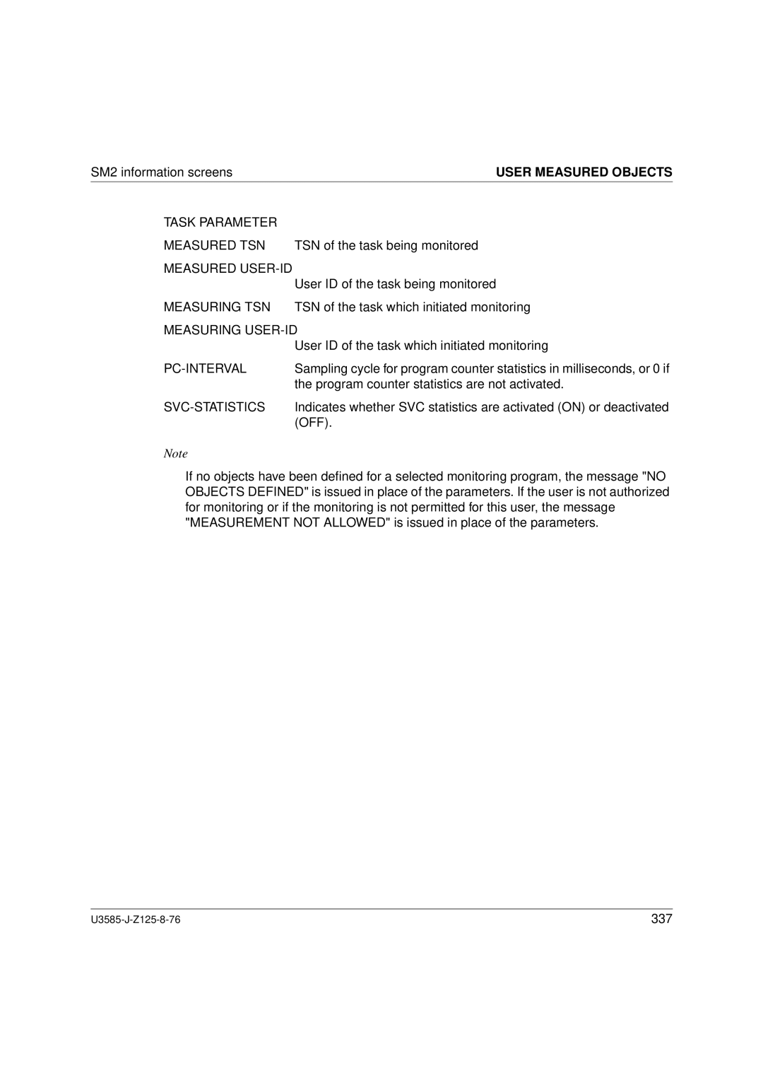 Siemens U3585-J-Z125-8-76 1 Task Parameter Measured TSN, Measured USER-ID, Measuring TSN, Measuring USER-ID, Pc-Interval 