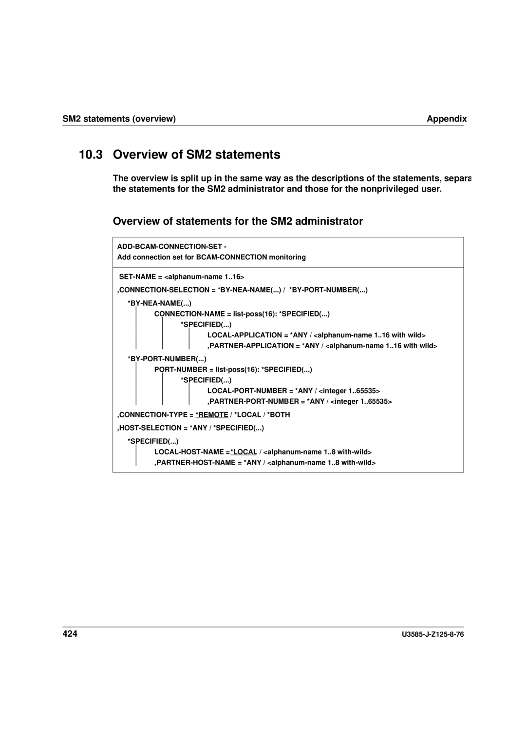 Siemens SM2 monitoring system manual Overview of SM2 statements, Overview of statements for the SM2 administrator 