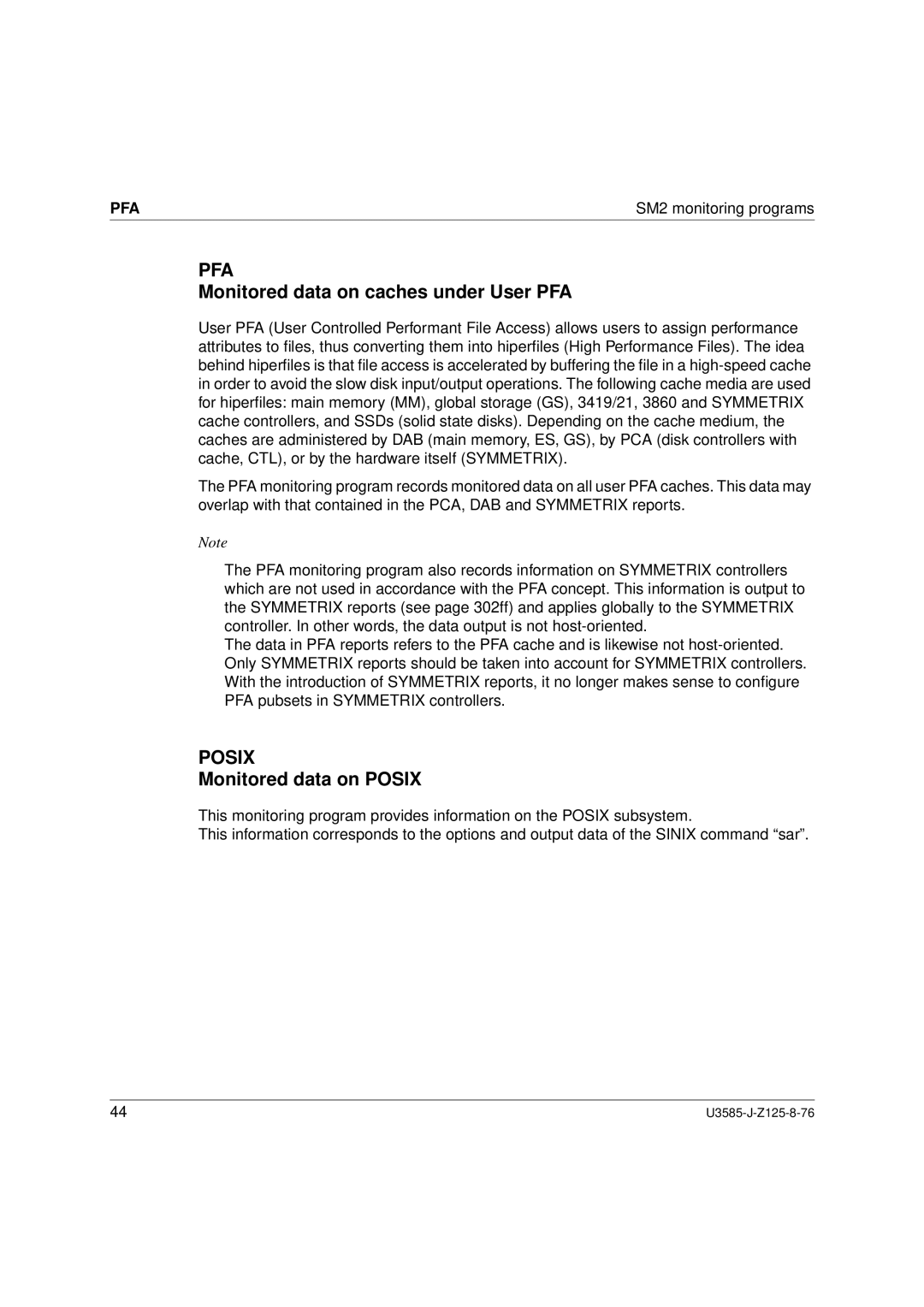 Siemens SM2 monitoring system, U3585-J-Z125-8-76 1 Monitored data on caches under User PFA, Monitored data on Posix, Pfa 