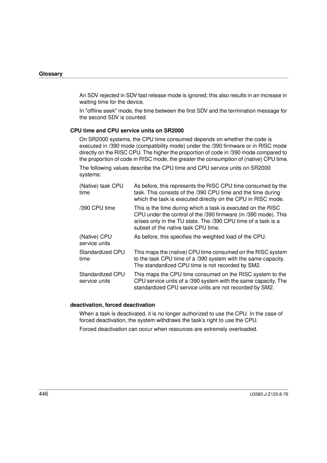 Siemens SM2 monitoring system manual Glossary, CPU time and CPU service units on SR2000, Deactivation, forced deactivation 