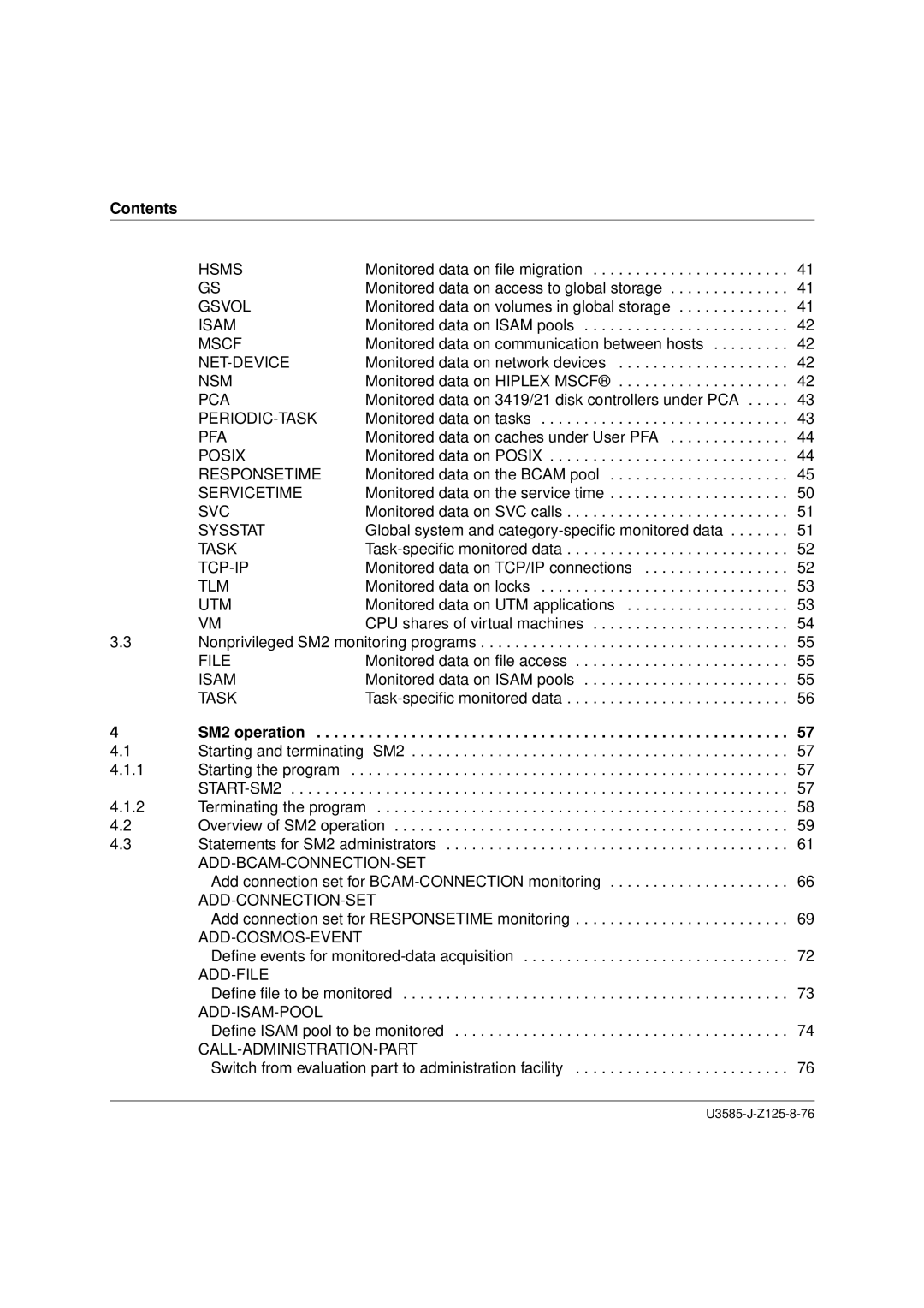 Siemens SM2 monitoring system, U3585-J-Z125-8-76 1 manual Contents, SM2 operation 