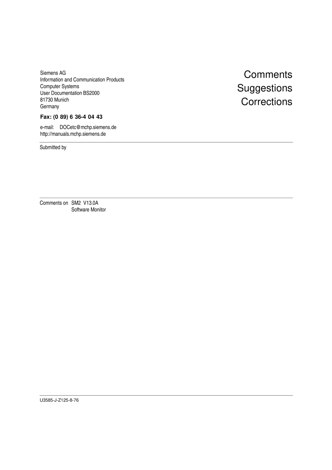 Siemens SM2 monitoring system, U3585-J-Z125-8-76 1 manual Fax 0 89 6 36-4 04 