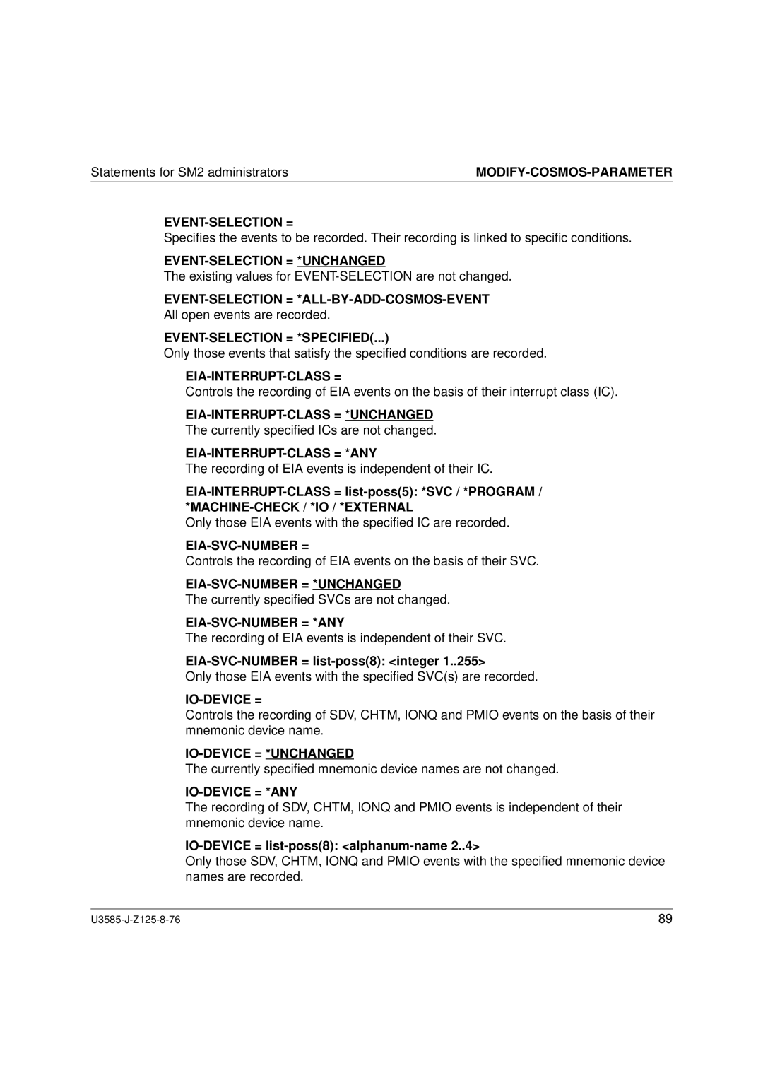 Siemens U3585-J-Z125-8-76 1 Event-Selection = *Unchanged, Event-Selection = *All-By-Add-Cosmos-Event, Eia-Svc-Number = 