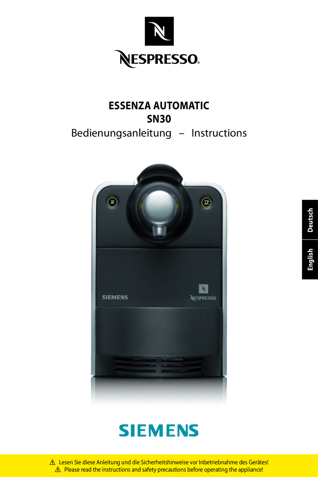 Siemens SN30 manual Essenza automatic Sn30, English Deutsch 