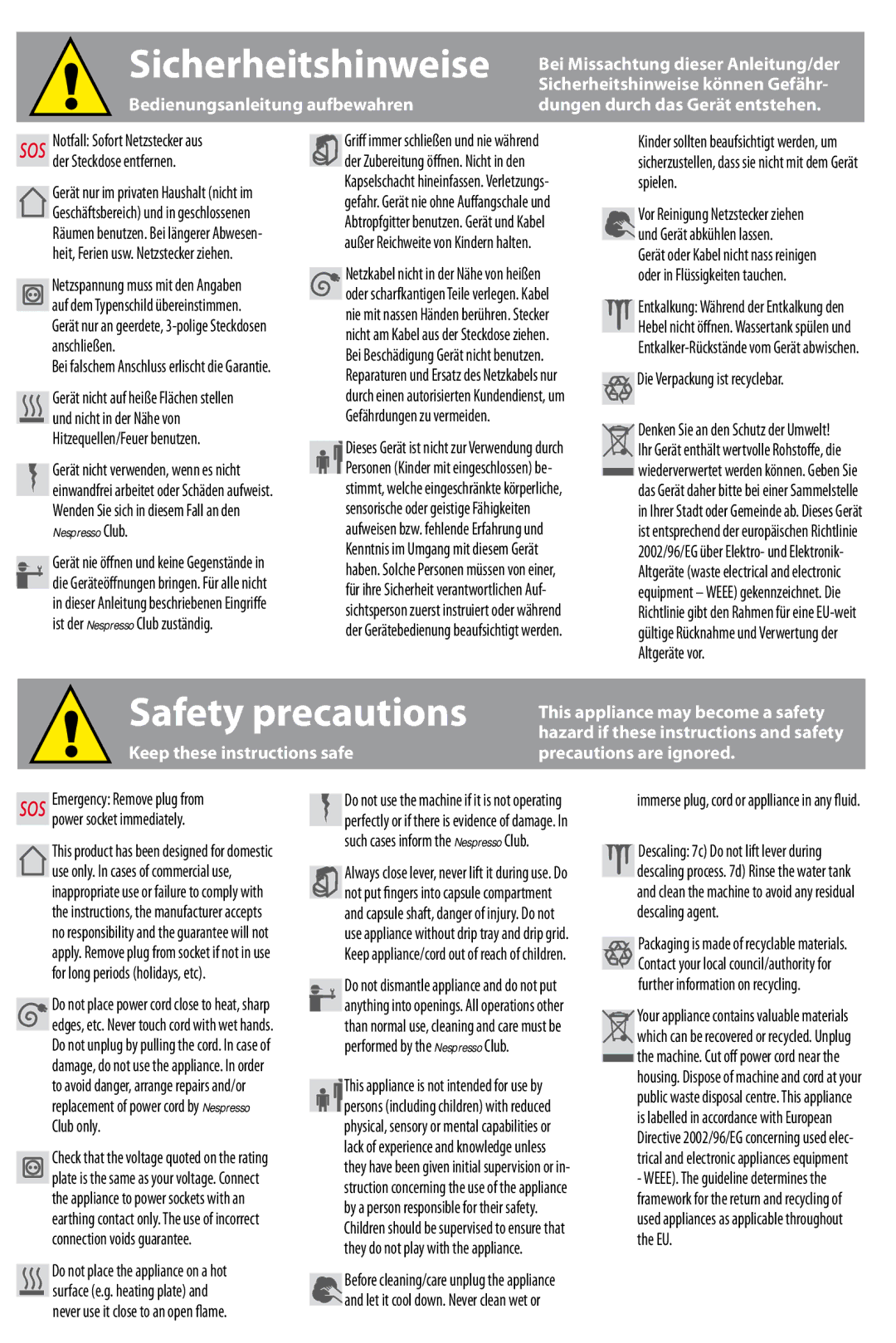 Siemens SN30 manual Bedienungsanleitung aufbewahren, Keep these instructions safe Precautions are ignored 