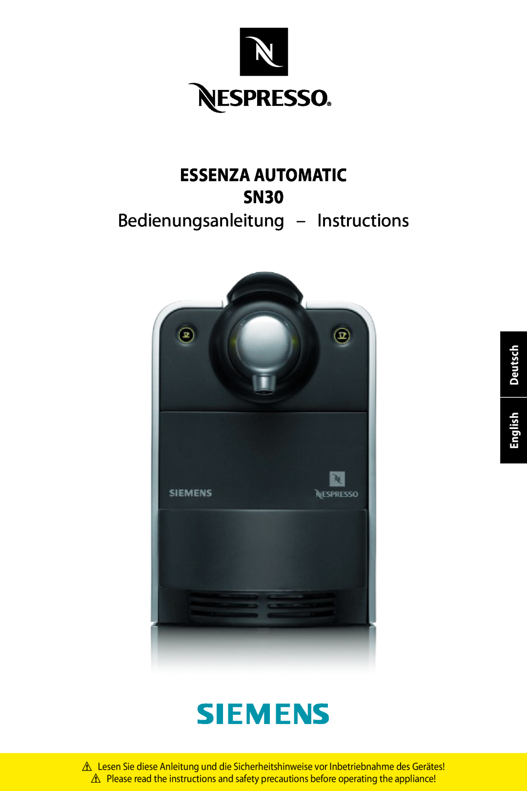 Siemens SN30 manual English Deutsch, essenza automatic sn30, Bedienungsanleitung - Instructions 