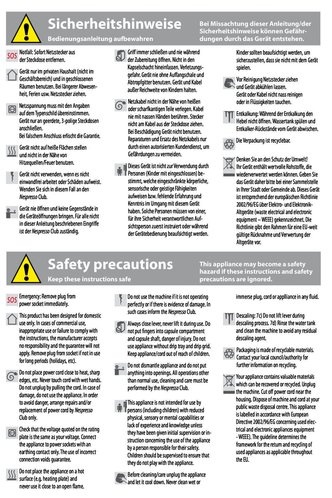 Siemens SN30 Bedienungsanleitung aufbewahren, Keep these instructions safe, precautions are ignored, Sicherheitshinweise 