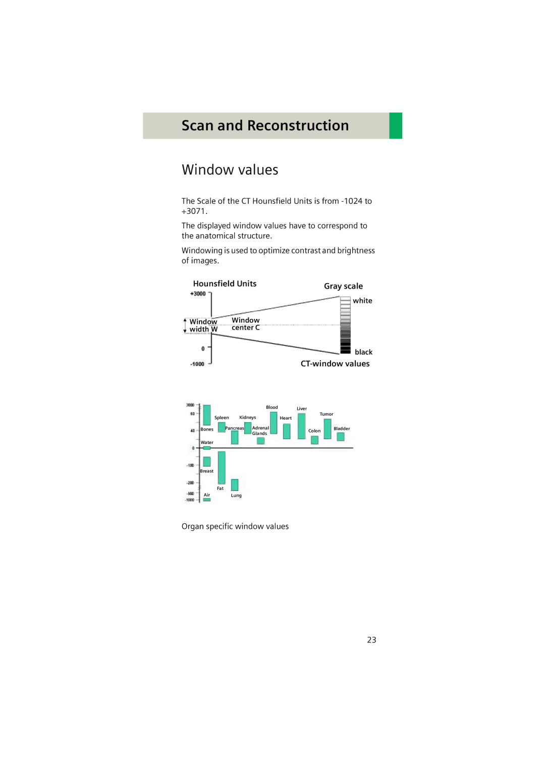 Siemens Software version syngo CT 2005C manual Window values, Hounsfield Units Gray scale, CT-window values 
