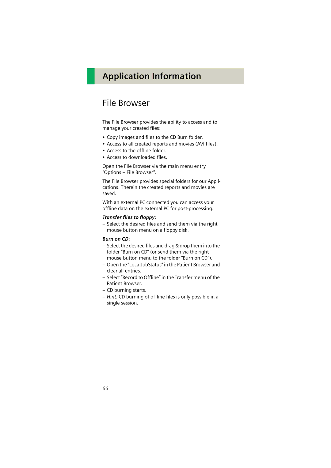 Siemens Software version syngo CT 2005C manual File Browser, Transfer files to floppy, Burn on CD 