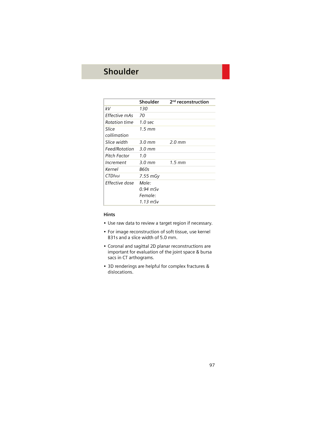 Siemens Software version syngo CT 2005C manual Shoulder 2nd reconstruction, Hints 