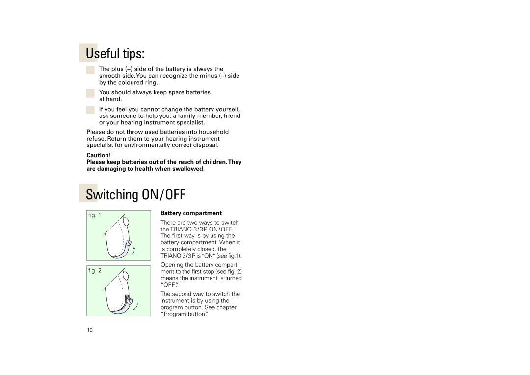 Siemens SP, SL, 3 P manual Useful tips, Switching ON/OFF, Battery compartment 