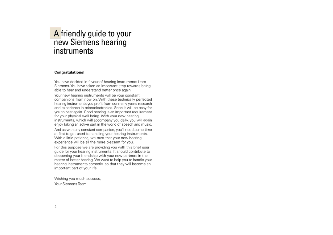 Siemens SP, SL, 3 P manual Friendly guide to your new Siemens hearing instruments, Congratulations 