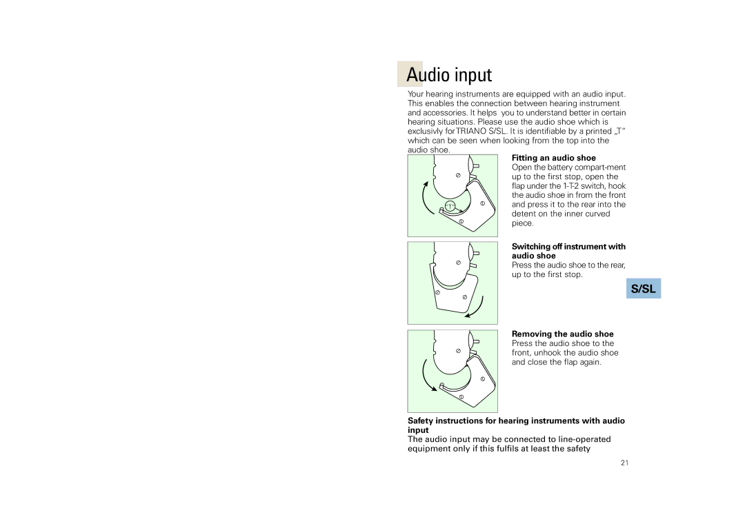 Siemens SL, SP, 3 P manual Audio input, Fitting an audio shoe, Switching off instrument with audio shoe 