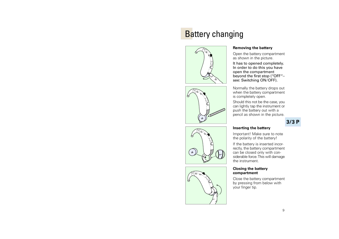 Siemens SL, SP, 3 P manual Battery changing, Removing the battery, Inserting the battery, Closing the battery compartment 