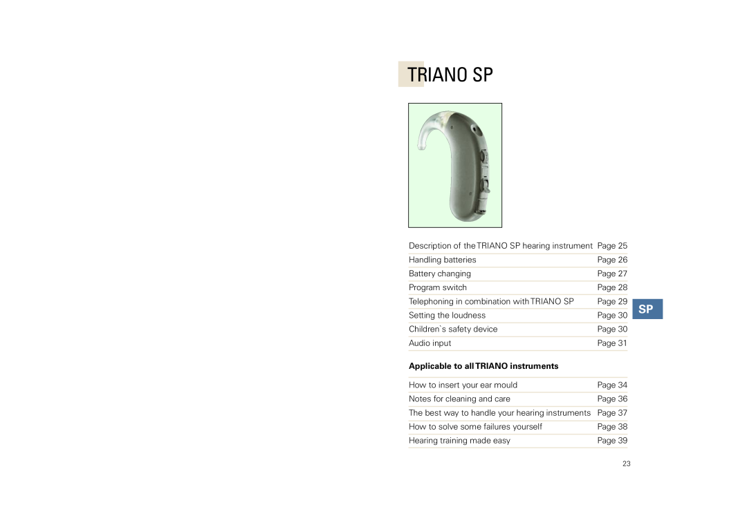 Siemens 3 P, SL manual Triano Sp, Applicable to all TRIANO instruments, Description of the TRIANO SP hearing instrument Page 