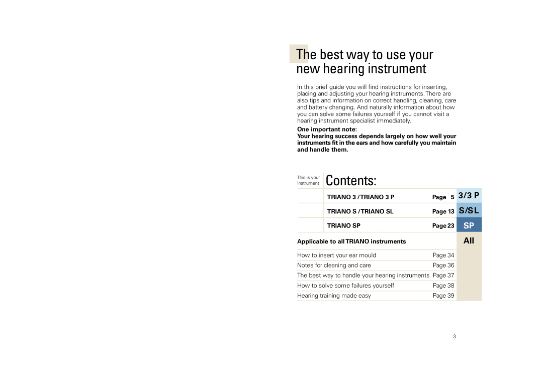 Siemens The best way to use your new hearing instrument, S /S L, Contents, 3 / 3 P, One important note, Page, Triano Sp 