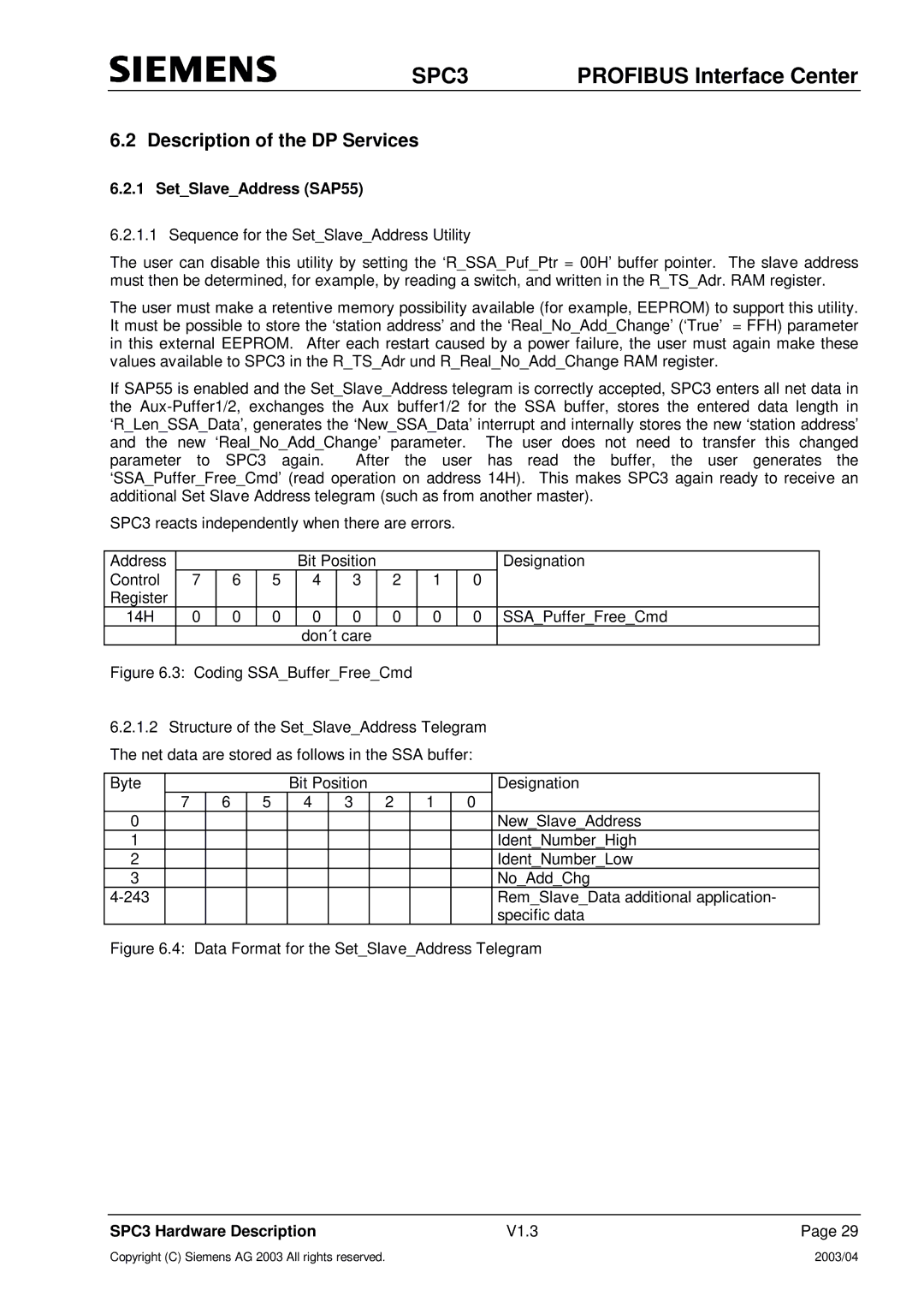 Siemens SPC3 manual Description of the DP Services, SetSlaveAddress SAP55, Sequence for the SetSlaveAddress Utility 