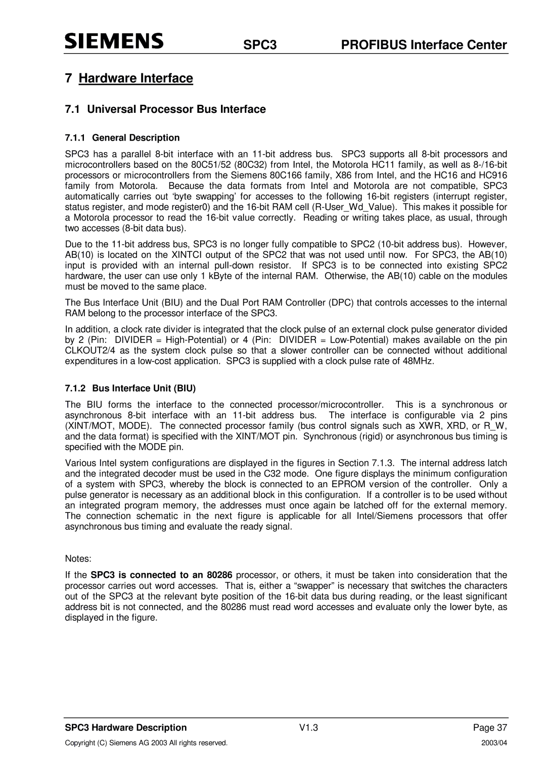 Siemens SPC3 manual Hardware Interface, Universal Processor Bus Interface, General Description, Bus Interface Unit BIU 