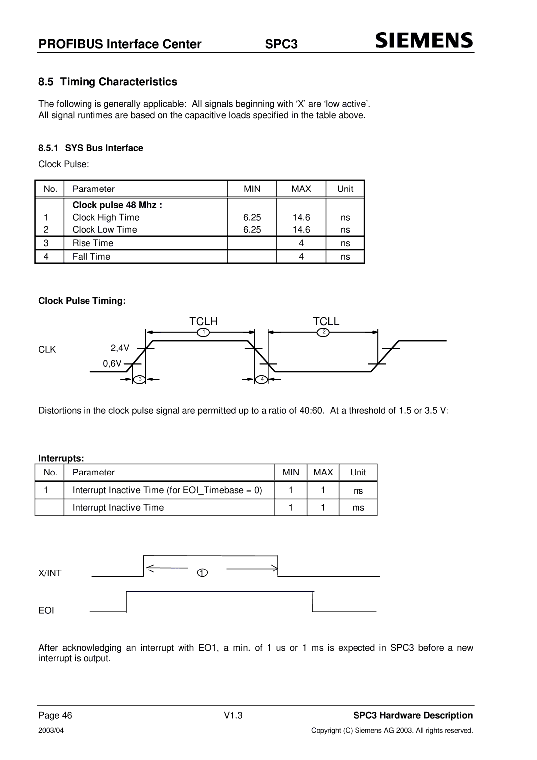 Siemens SPC3 manual Timing Characteristics, SYS Bus Interface, Clock pulse 48 Mhz, Clock Pulse Timing, Interrupts 