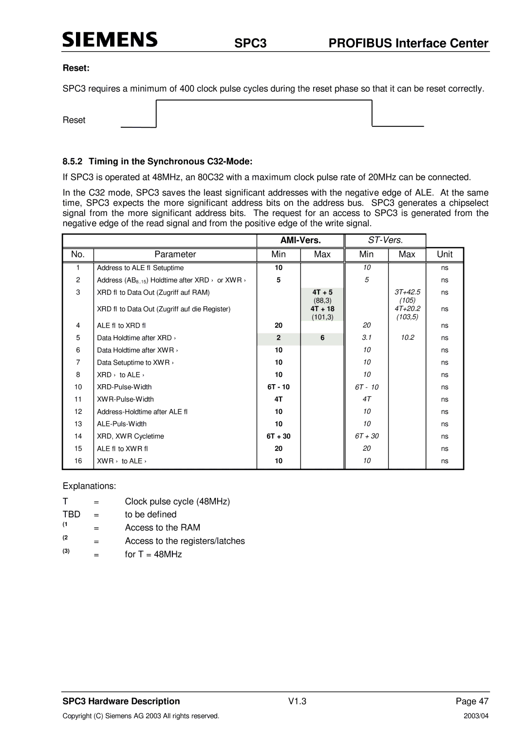 Siemens SPC3 manual Reset, Timing in the Synchronous C32-Mode, ST-Vers Min Max Unit, Tbd 