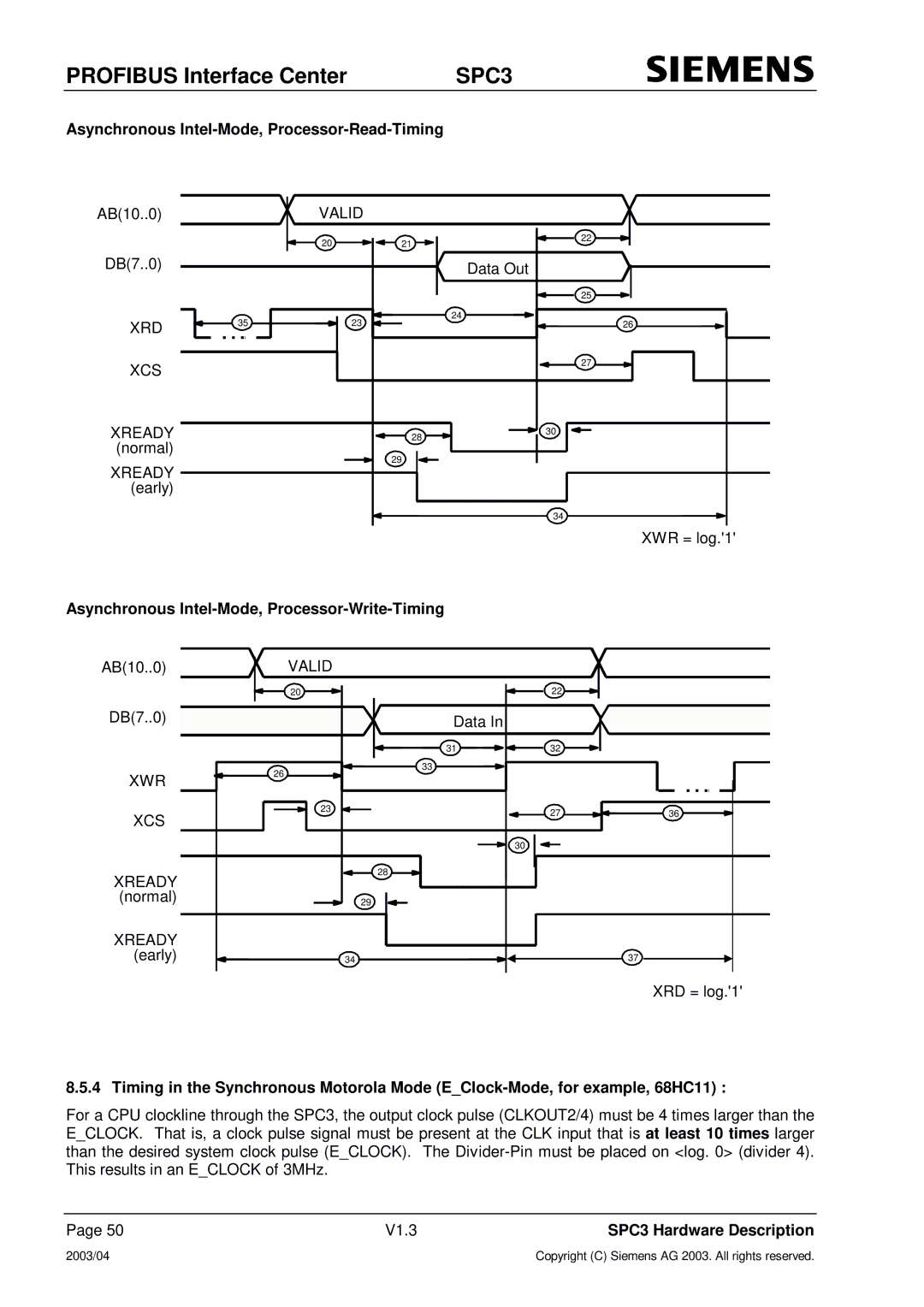 Siemens SPC3 manual Asynchronous Intel-Mode, Processor-Read-Timing, XRD XCS Xready, Xwr Xcs 