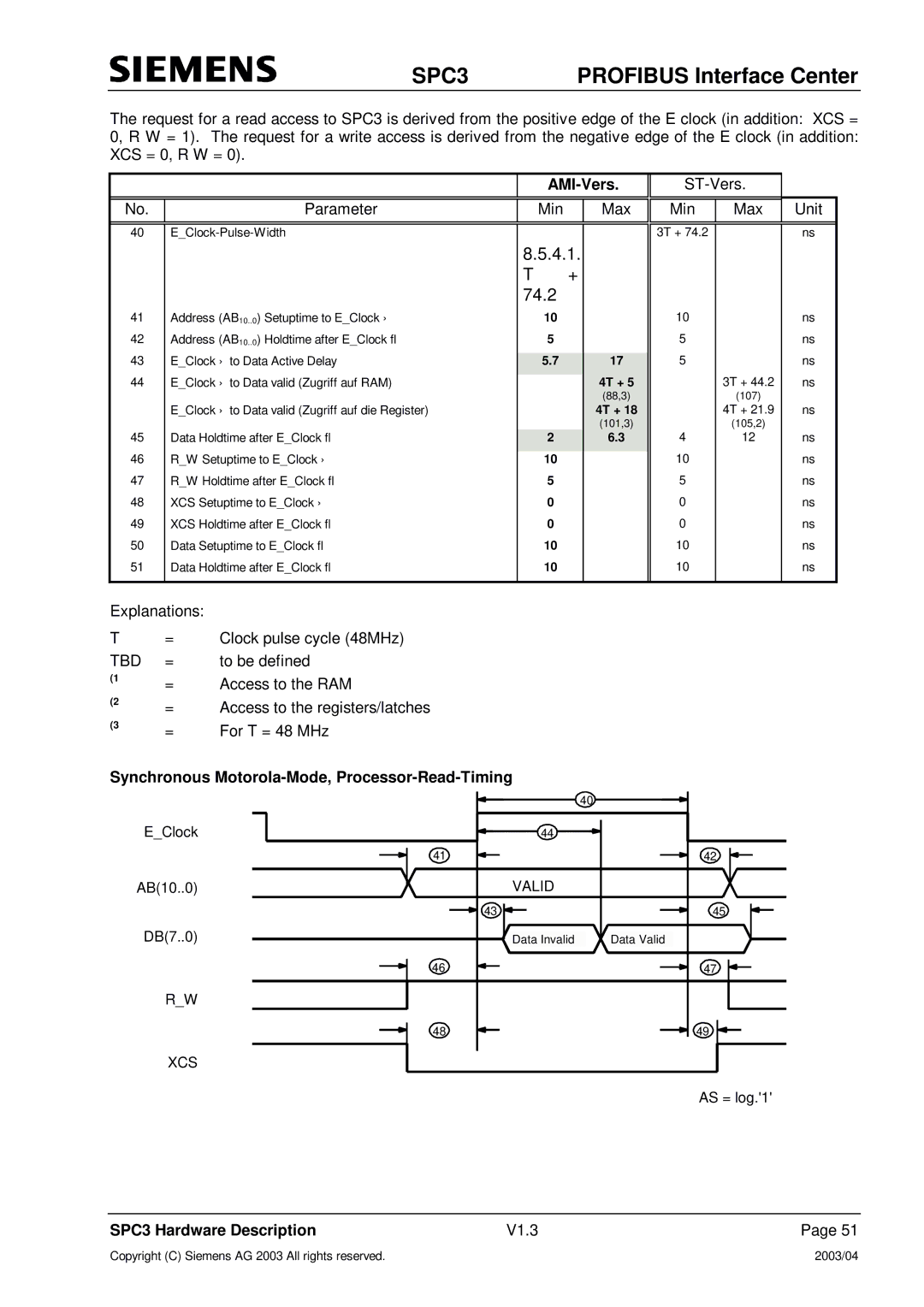 Siemens SPC3 manual 4.1 74.2, Synchronous Motorola-Mode, Processor-Read-Timing 